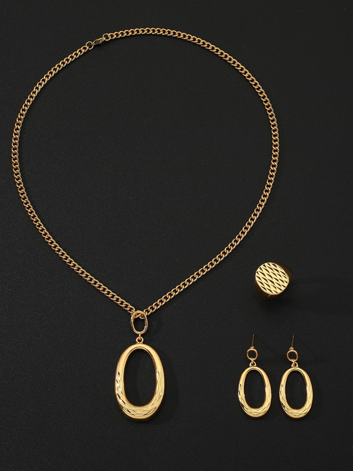 4 Piece Set Vintage Oval Geometric Jewelry, Necklace Earrings Ring, Elegant Party Wedding Accessories, All Seasons