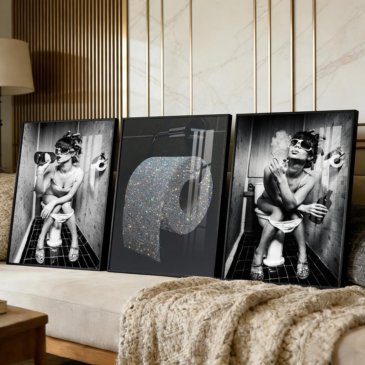 3 Counts Aluminum Alloy Framed Painting, Funny Woman Bathroom Drinking And Smoking Poster, Home Decoration For Living Room, Bedroom, Office, Restaurant, Hallway Wall Decor, Odorless Print Artwork, Luxury Perfect Gift For Friends And Family