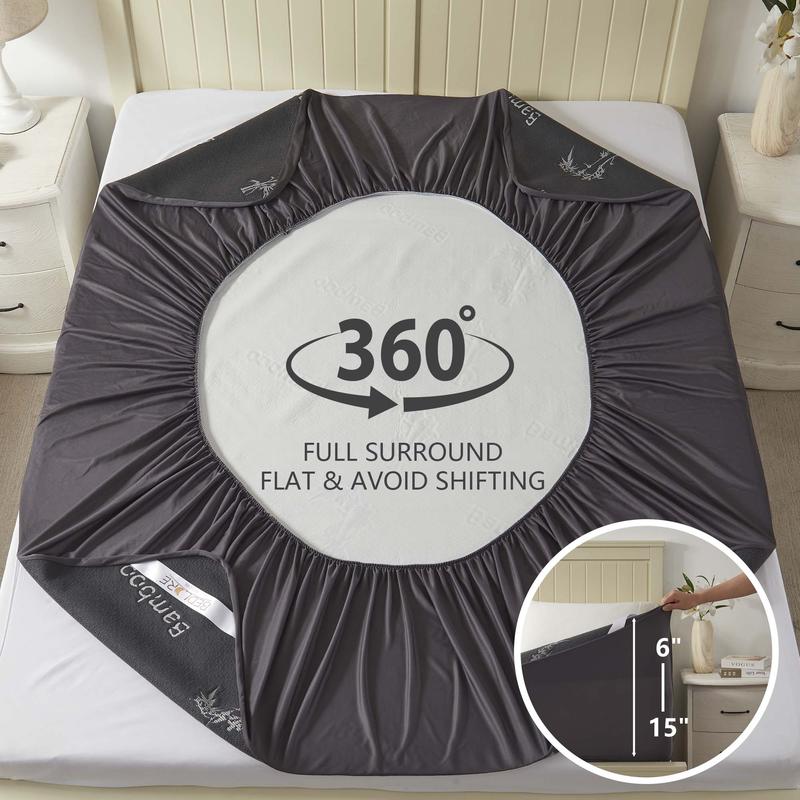 【BEDLORE】Bamboo Leaf Pattern Waterproof Fitted Sheet, Soft & Breathable Non-Slip Bed Sheet with Deep Pockets, Ideal for Bedroom & Home Use