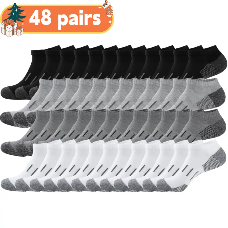 Men's 48 Pairs-Black Low-Cut Solid Color Polyester Boat Socks - Machine Wash, Sweat-Absorbent All-Season Short Ankle Socks for Daily Wear, Athletic Use