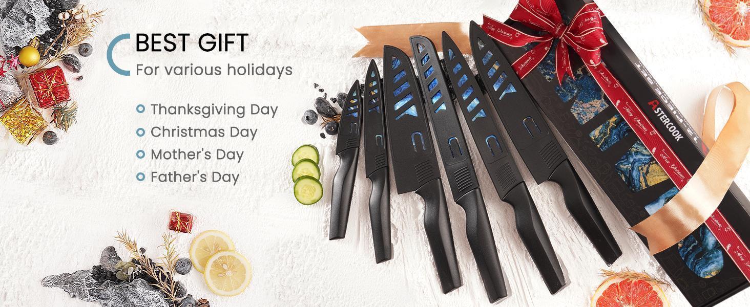 Astercook 6-Piece Stratigraphic Knife Set, 6 Anti-Rust Stainless Steel Knives with Blade Guards, Dishwasher Safe.