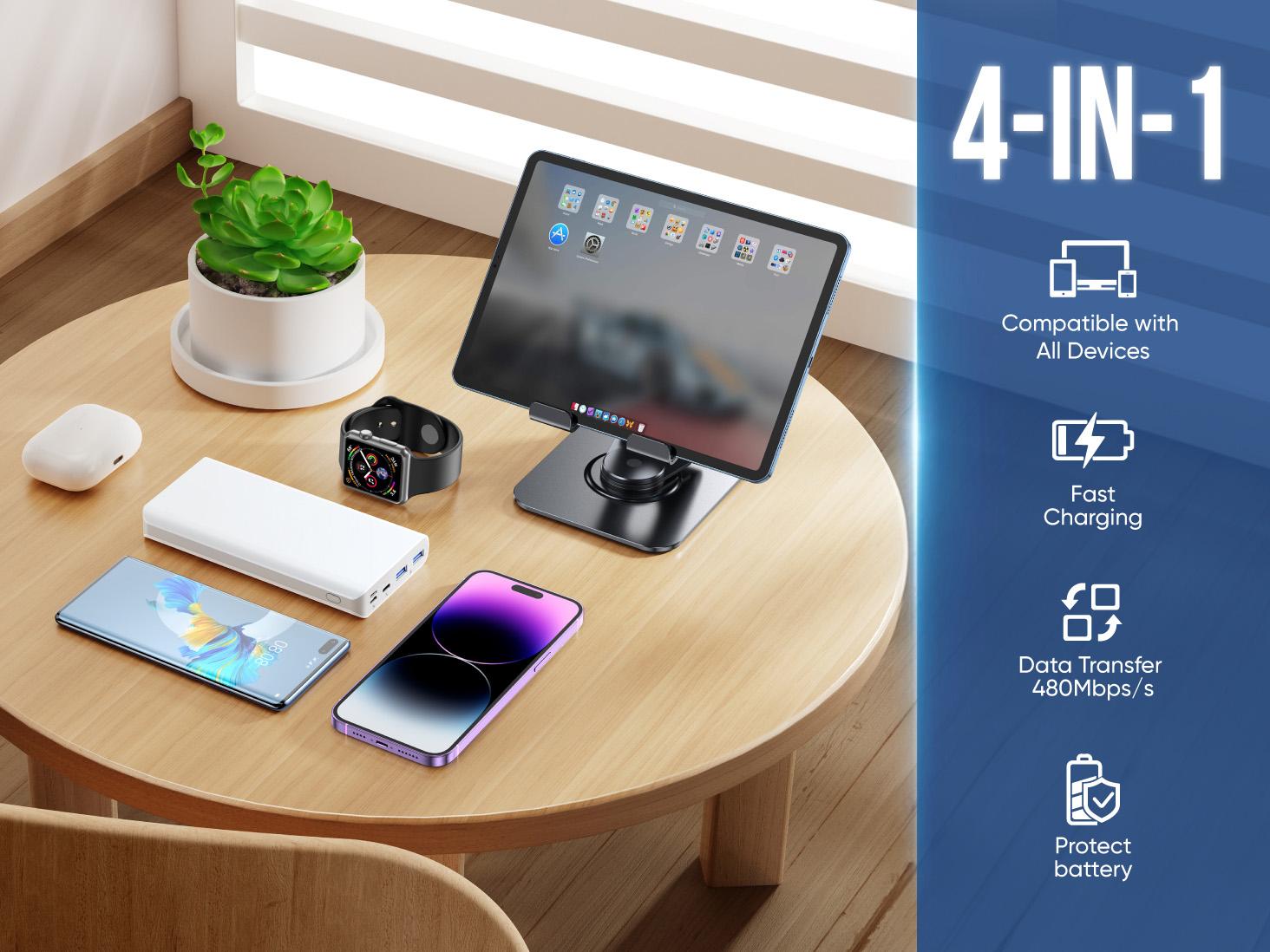 MAGIC JOHN USB Type C Charging Cable, 4 in 1 Function, 65W Fast Charging, Liquid Silicone and Aluminum Alloy Material, Braided Data Cable, Black & Gray