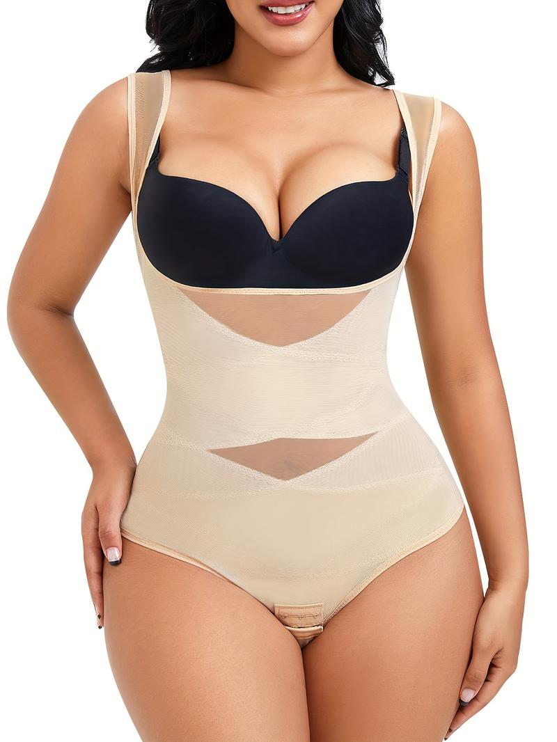 Women's Contrast Mesh Thong Design Shapewear Bodysuit, High Stretch U Neck Tummy Control Shapewear Clothing, Ladies Shapewear for Daily Wear, Garment