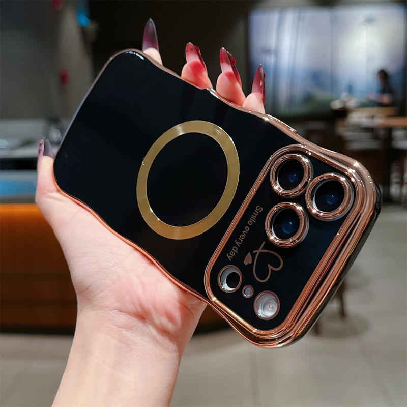 For iPhone 17 Pro Max 16 15 14 12 Case Magnetic,for Women Girls Soft Cute Wave Frame Curly Shape Love Heart Luxury Plating Phone Case Compatible with MagSafe Shockproof Back Cover