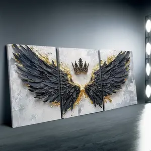 3-piece set of gold and black angel wings oil painting style wall art, featuring a crown and wings, modern home decor, suitable for living room, bedroom, office, and both indoor and outdoor use