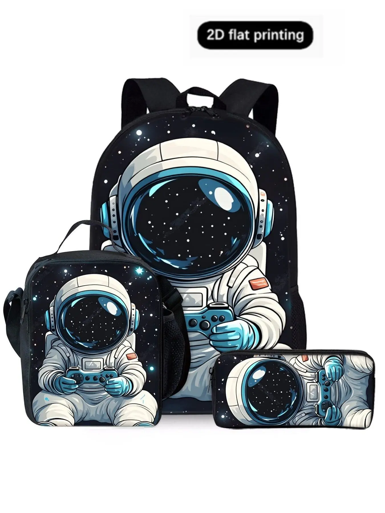 Astronaut Game 2D Print Backpack Set, Lunch Bag, Pencil Case, Shoulder Bag, Casual Geometric Design, Polypropylene Material, All Seasons