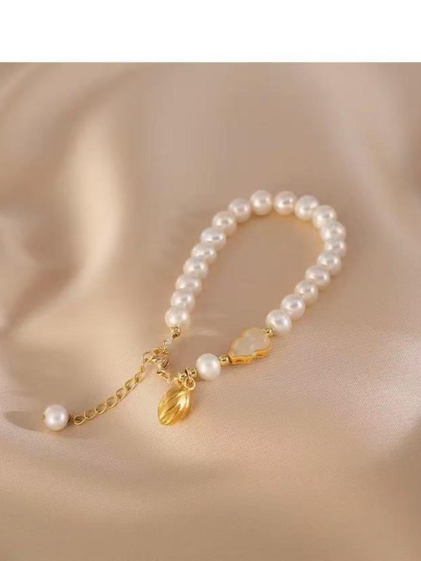 Natural Freshwater Pearl Copper Plated 14k Gourd Flower Bud Bracelet, Fashion Versatile Women's Hand Chain, Luxury Jewelry Accessory