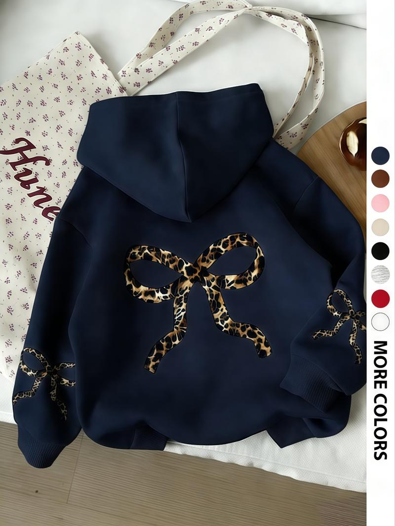 Women's Vintage Leopard Bow Design Hoodie, Casual Long Sleeve Sweatshirt, Fall & Winter Clothing, Daily Wear