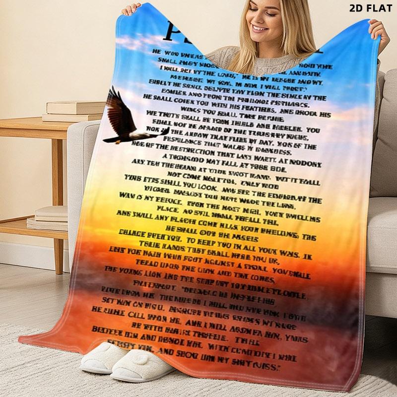 PSALM 91 Eagle Printed Throw Blanket, Single - sided Printing, Multiple Specifications Available, Serene Religious Design, Ideal for Napping/Decor, Soft Comfortable Material, Spiritual Uplifting Theme