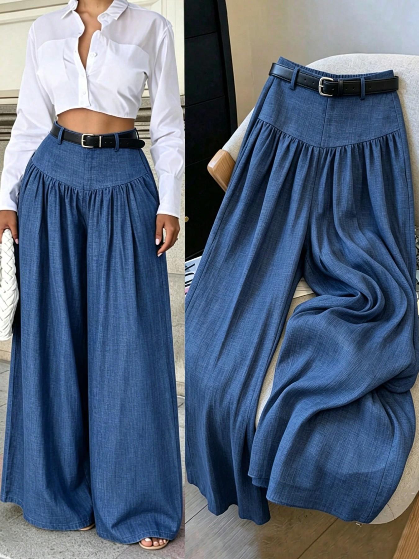 High-Waisted Pleated Denim Wide Leg Pants for Women, Includes Belt, Lightweight Casual Suit Pants, Trendy and Comfortable, Bottoms
