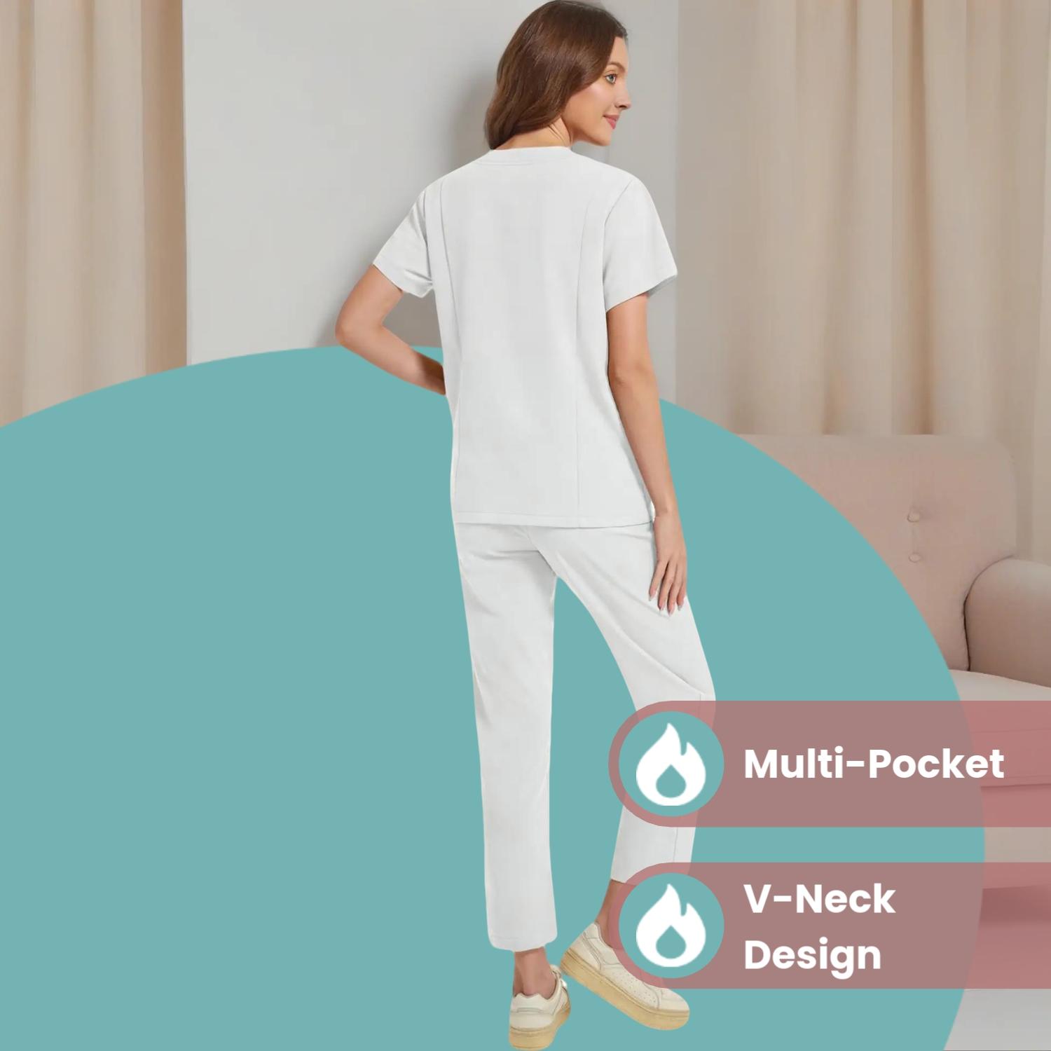Women's Medical Short Sleeve V-Neck Multi-Pocket Set Uniforms, Lightweight Comfortable Polyester, All Seasons, Suitable for Nurses Doctors Dentists Beauty Salons, Workwear Womenswear