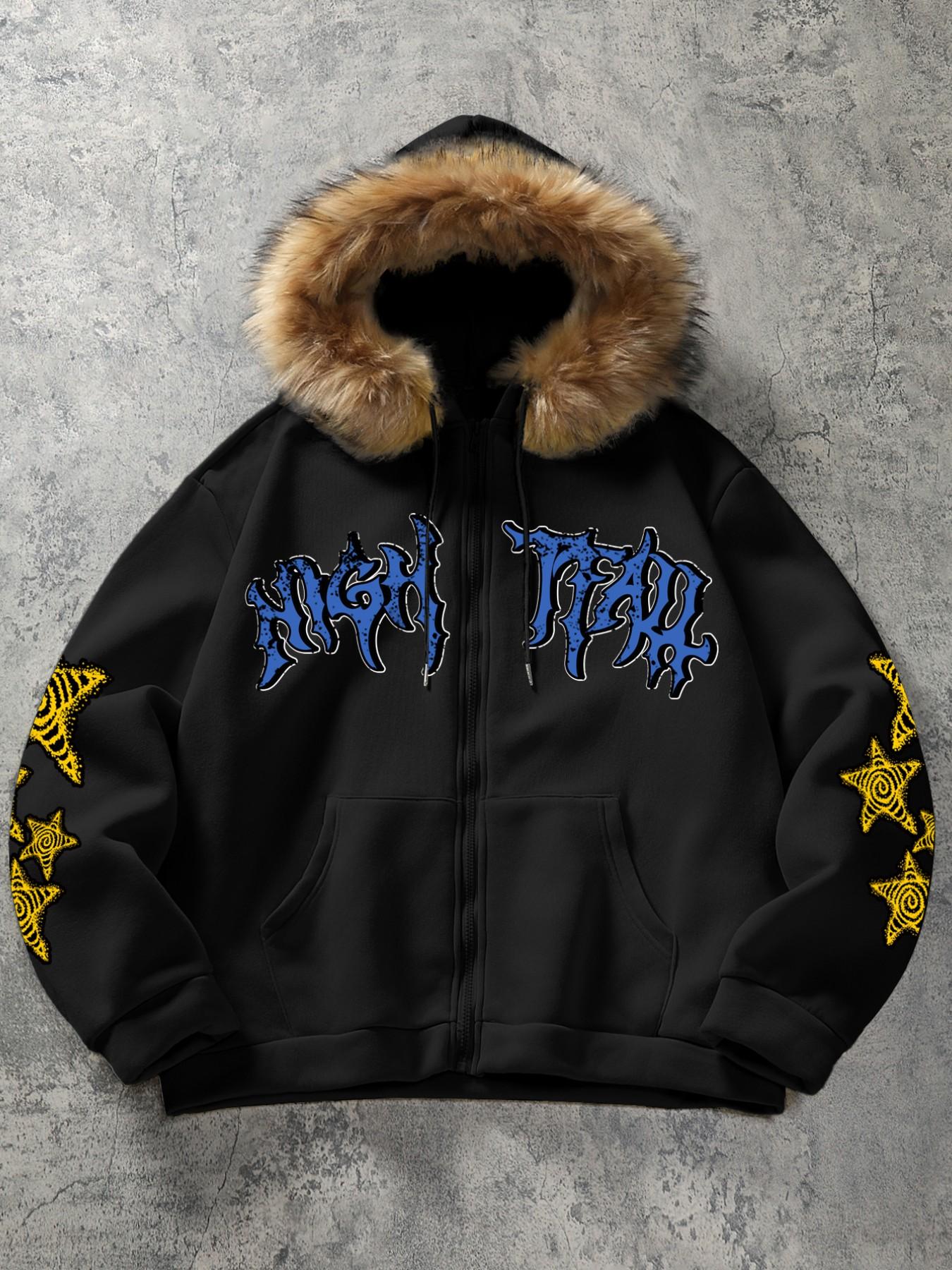 Men's Y2K Gothic Skull Graphic Zip-Up Hoodie - Faux Fur Trim