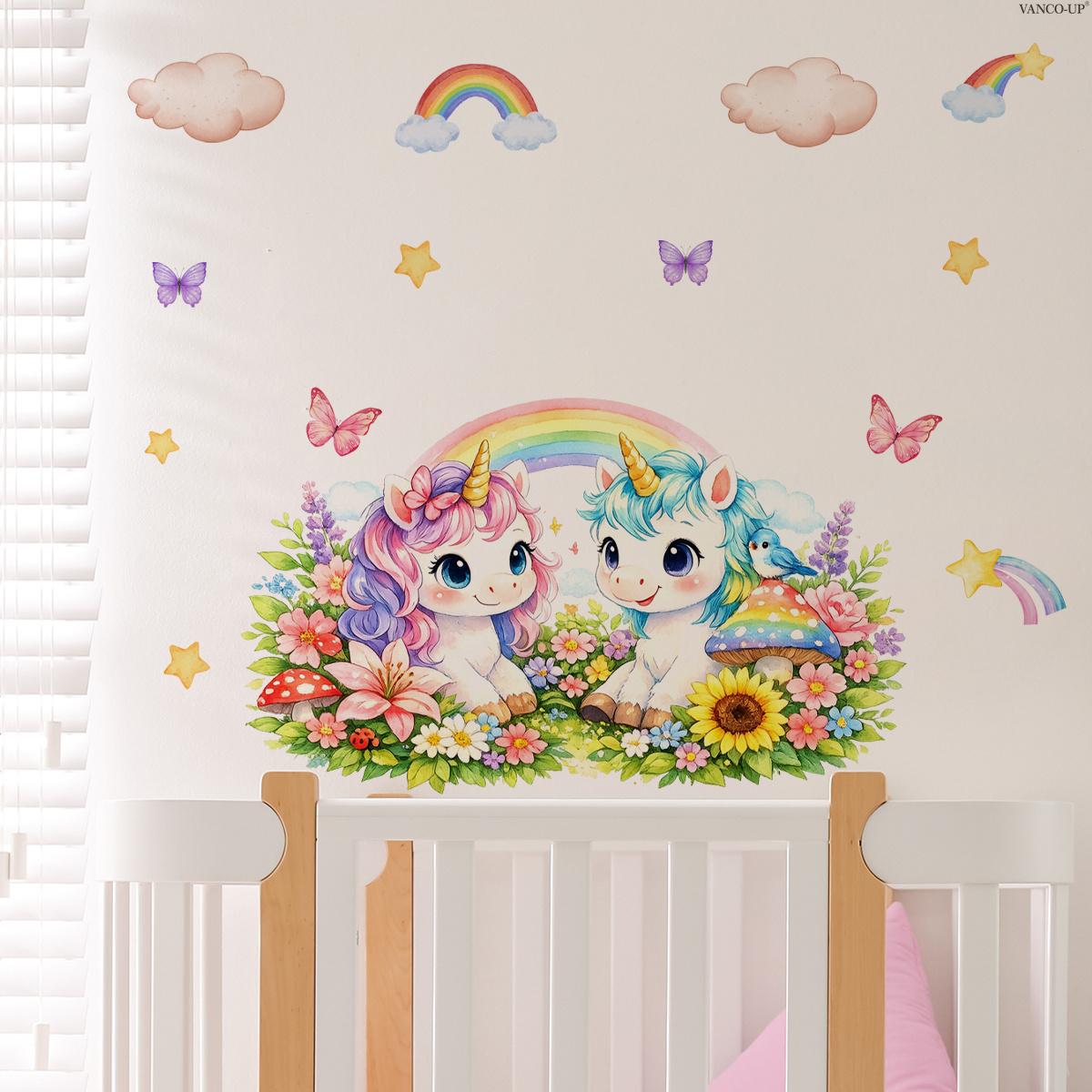 1Pc (30*60cm) Macaron Dreamy Unicorn Wall Sticker, Rainbow Butterfly Wall Decals for Kids Bedroom Decorations Living Room Decor