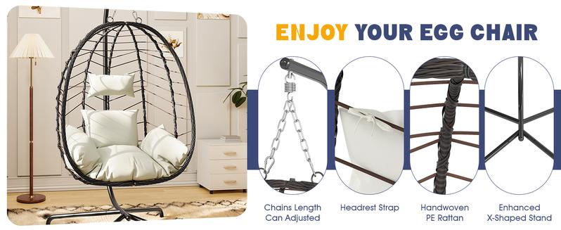 Valentine's Gift for Her  WTFGO Indoor and Outdoor Universal Hanging Basket Chair with Stand(82*35.5*), Hand-Woven PE Rattan Swing Chair with  FallFreshness Cushion, Adjustable Chain Length, Suitable for Bedroom, Balcony, Garden