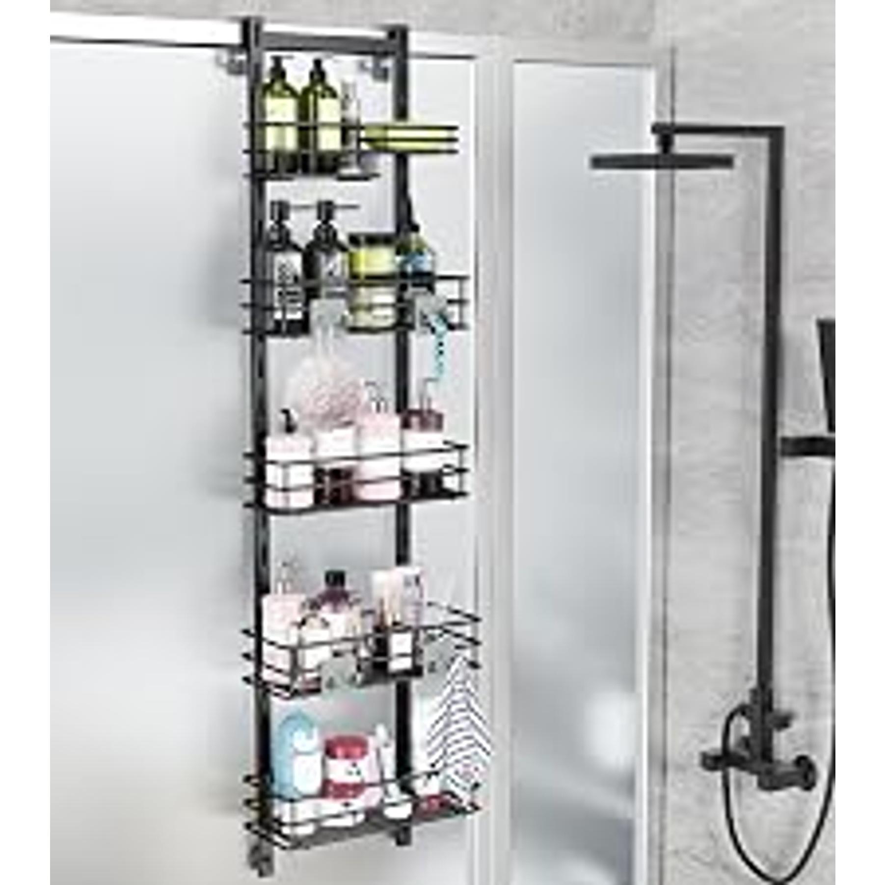 Rustproof 3 Tier Floor Standing Corner Shower Caddy Organizer with Toothbrush Holder, Large Spacing Floor Shower Shelf Rack Storage Stands with Hooks for Bathroom Kitchen, Black