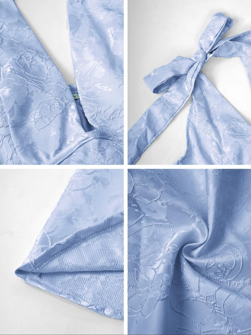 Fashion Elegant Halter Lace-Up Embroidered Waist V-Neck Sleeveless Dress, Long Plain Party Gown, Fitted Style for Women