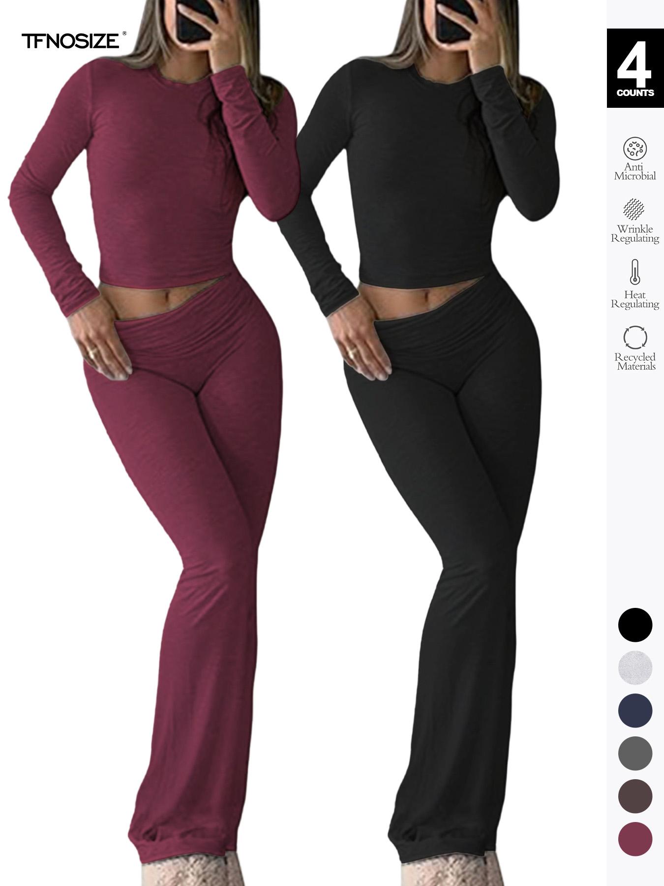 Women's 2 Piece Casual Pajama Set, Slim Fit Long Sleeve Top & Low Rise Bell Bottoms, Versatile Yoga Loungewear for All Seasons,Airport Outfit