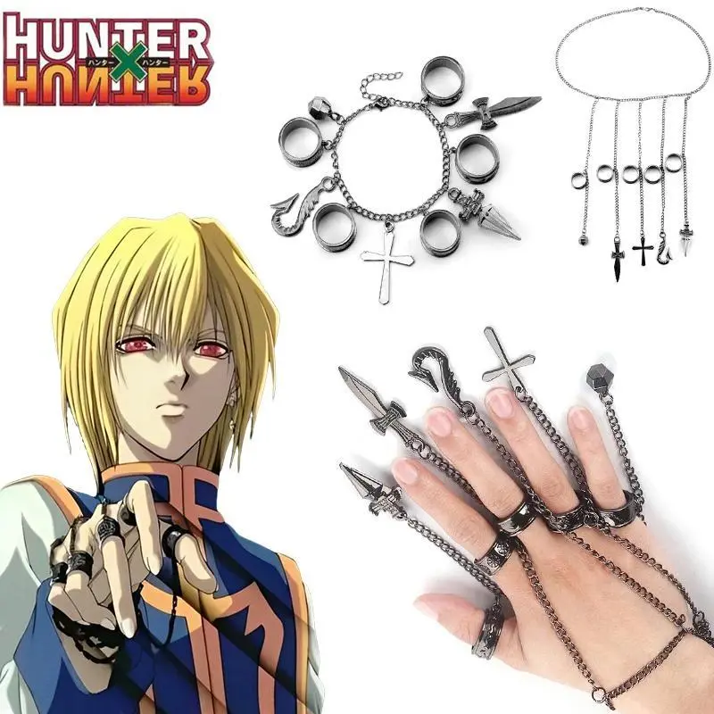 Hunter x Hunter Kurapika 5 Rings Chain Charms Bracelet Gothic Cross Finger Chain Pendant For Women Men Punk HipHop Jewelry