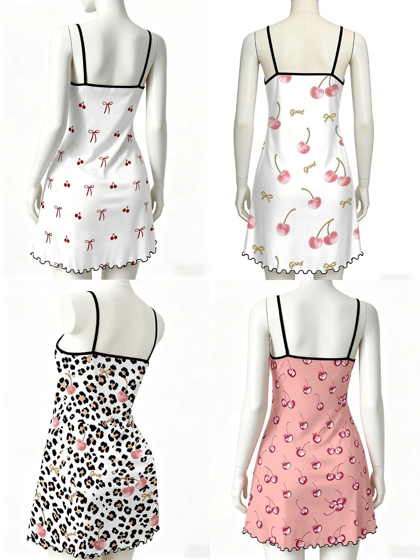 4-Pack Women's Spaghetti Strap Nightdresses, Bear & Bow All-Over Print Nightwear, Cute Loungewear for Spring & Summer