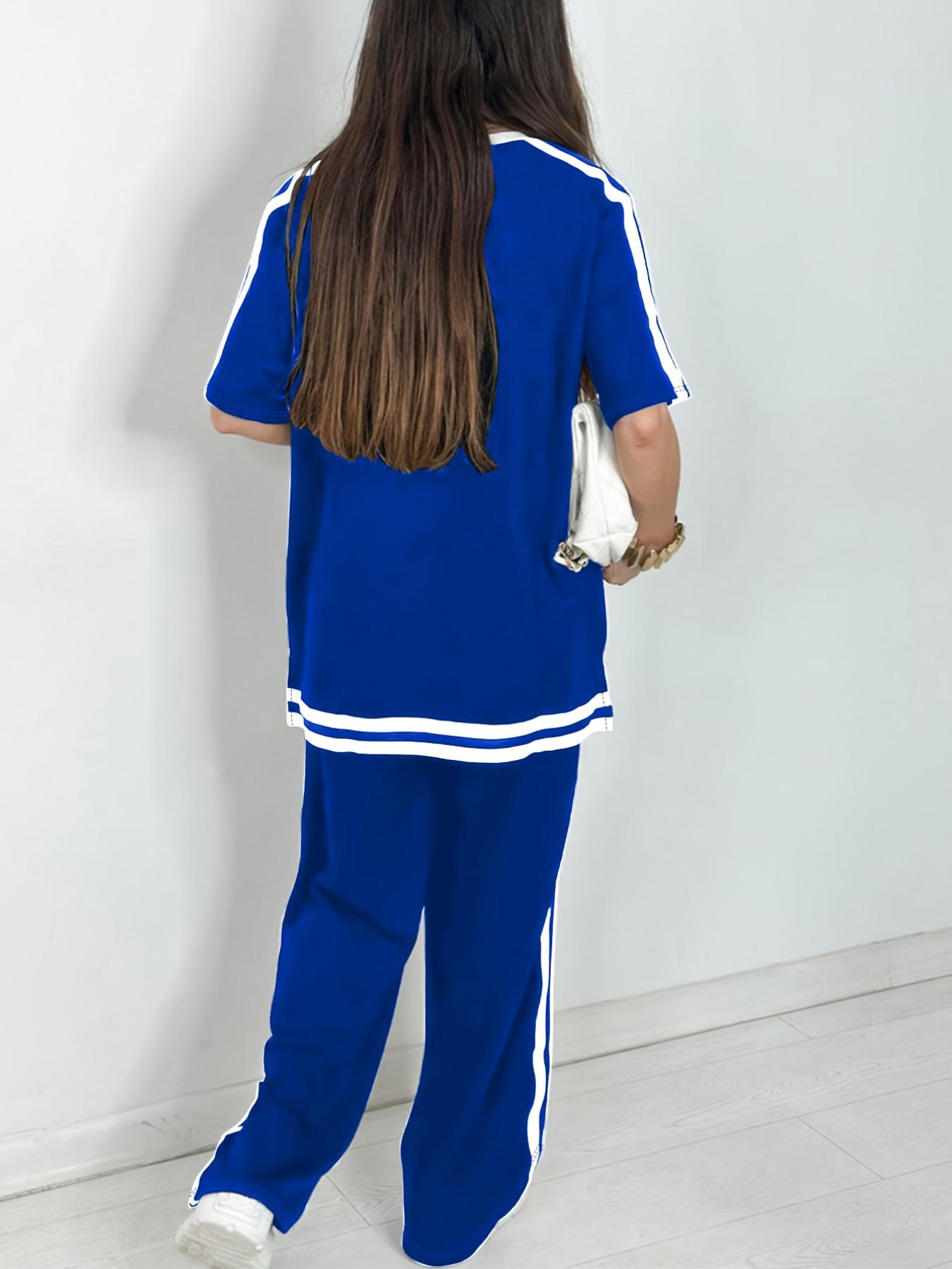 Women's Casual Athleisure Sportswear Set, Solid Color Round-Neck Short-Sleeve Split-Hem Top and Striped Long Pants, Spring/Summer Two-Piece Set Women's Casual Athleisure Sportswear Set, Solid Color Round-Neck Short-Sleeve Split-Hem Top and Striped Long Pants, Spring/Summer Two-Piece Set