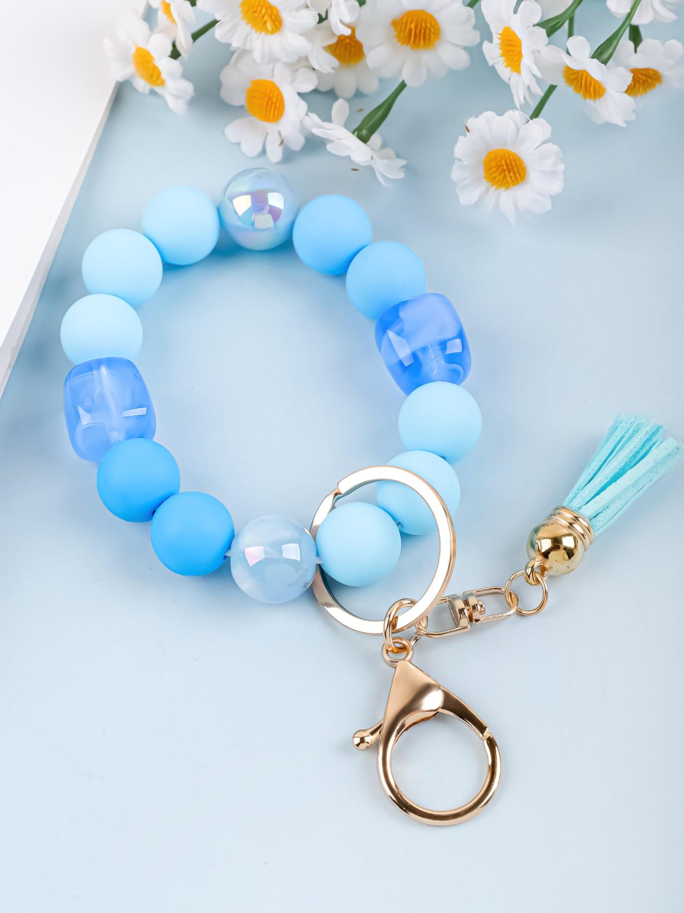 Solid Color Beaded Wristlet Keychain for Women, Matte Silicone Acrylic Beads, Tassel Charm, Minimalist Key Holder, Fashion Gift