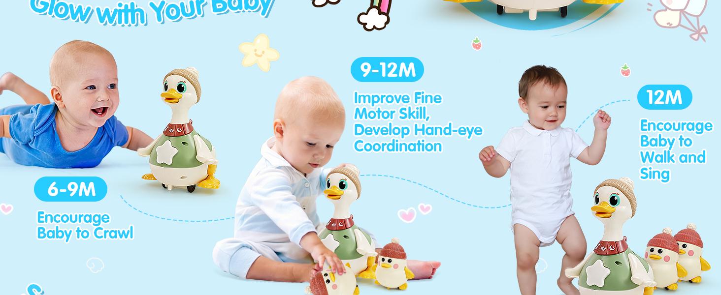 HOLA Musical Light Up 3 Pack Crawling Swinging Ducks Interactive Baby Toy with Exploration Motor Activities Developmental Tummy Time, Christmas Gifts, Sensory Stimulation Infant Toddler Toy Set for 1-3 Years Newborn Cute Gifts
