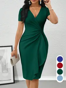 Spring Summer Knot Bodycon Party Dress, V Neck Ruffle Wrap Midi Dress, Waist Cinch Wrinkle Slim Design, Formal Dress for Evening Events