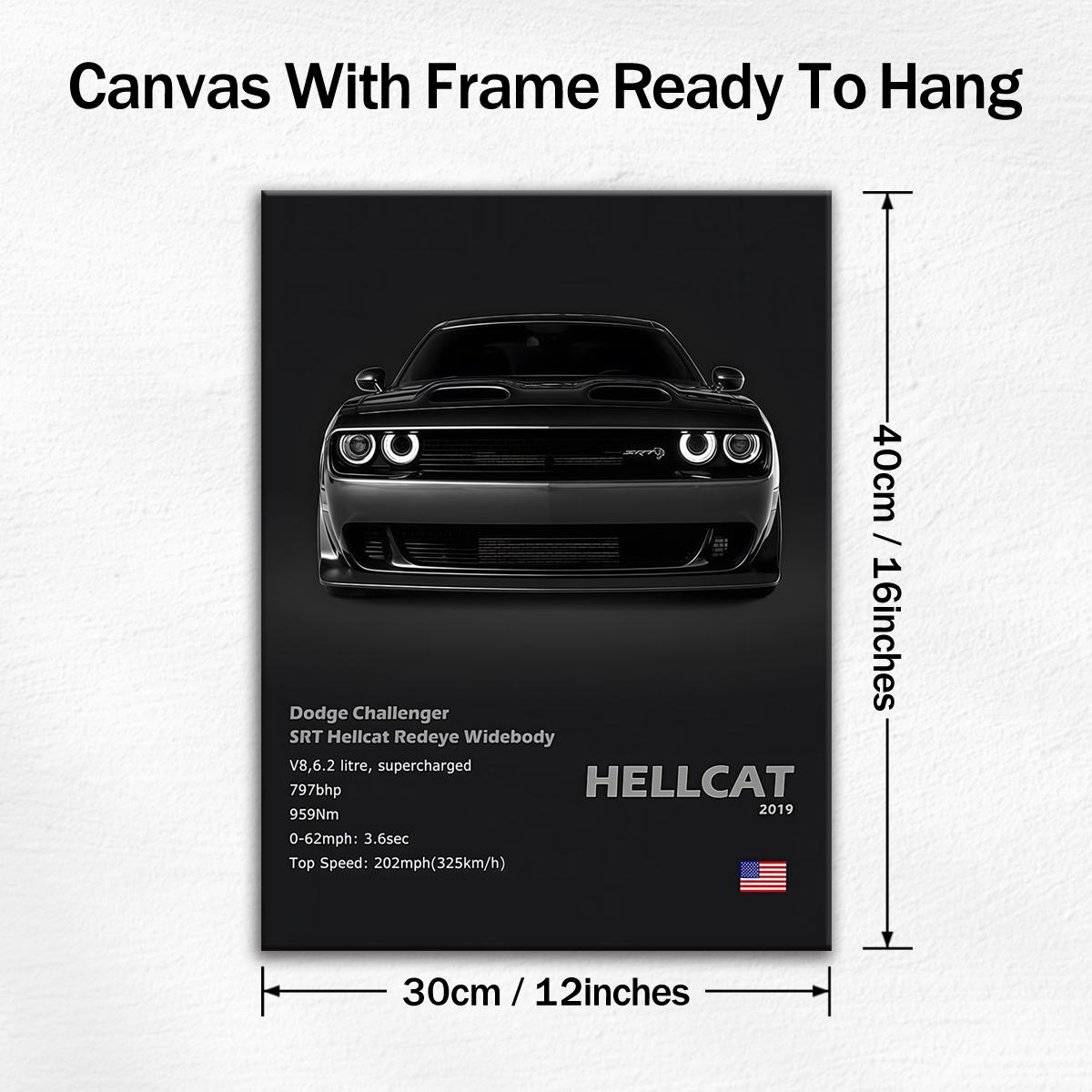 1 Count wooden frame canvas, Dodge Challenger SRT Hellcat poster, Cool car pattern decoration, Fashion Art Hallway Office Mural, Exquisite poster Home Decoration, Ideal Gift, HD, waterproof art, Wooden Wall Art