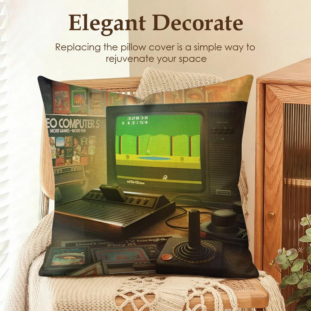 Famous Game Company A-Atari Cushion Cover Natural Linen Cushion Cover, Summer Cool Double-Sided Digital Print Pillow Case with Hidden Zipper, Soft Breathable Machine Washable Throw Pillow, Fresh Home Decor for Living Room Bedroom Sofa Couch Gift