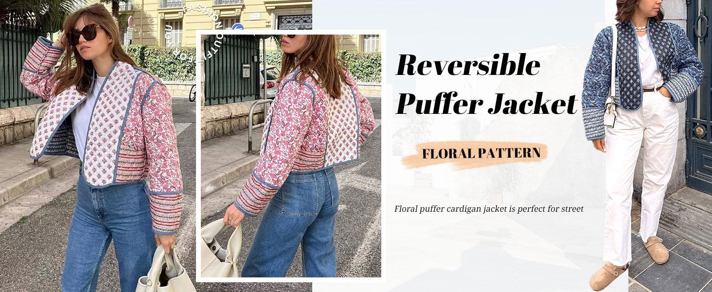 Naeduo Women's Cropped Floral Quilted Jacket Cardigan Printed Lightweight Open Front Padded Puffer Coat Naeduo Women's Cropped Floral Quilted Jacket Cardigan Printed Lightweight Open Front Padded Puffer Coat