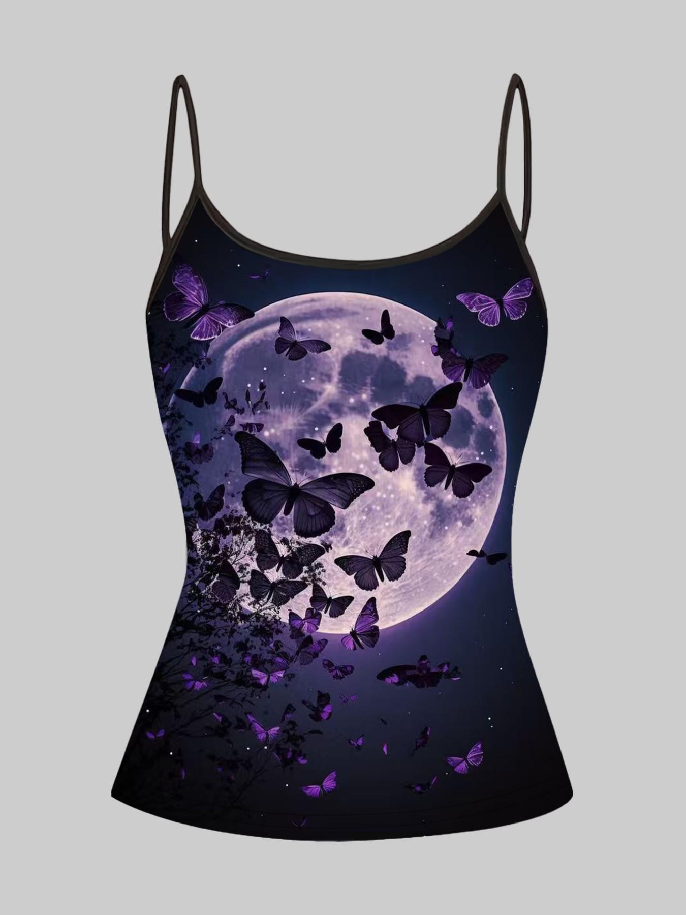 Dark Rose Butterfly Print Strappy Top, Summer Home Wear, Casual Slim-Fit Outerwear, Unique Bodycon Shirt, Four-Piece Set