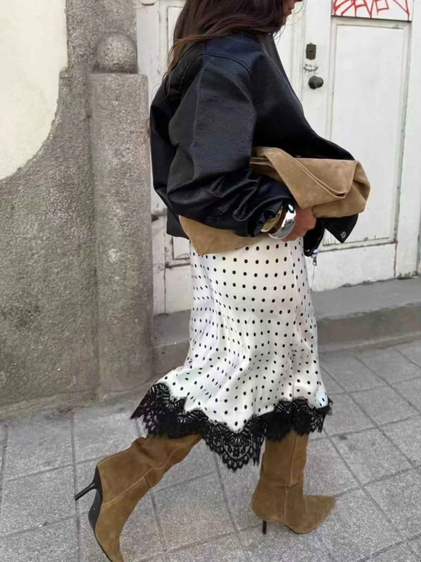 Women's Polka Dot Patchwork Colorblock Elegant Fitted Party Fabric Lace Trim Skirt, Vacation Beach Autumn Winter Fashion