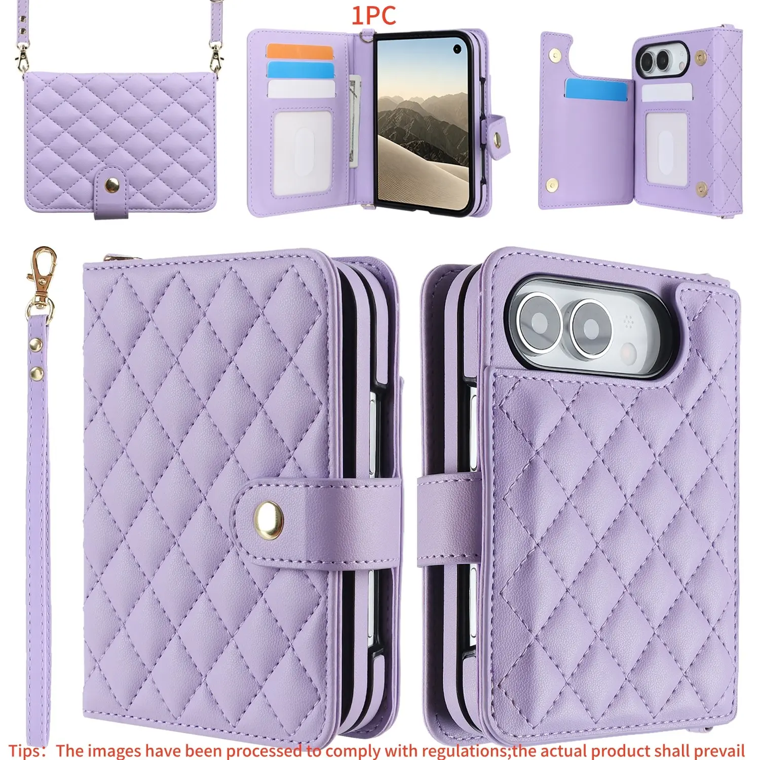 Crossbody Wallet Flip Phone Case for iPhone Duo, with Wrist Strap, Zipper Card Slot Stand, PU Leather Protective Cover
