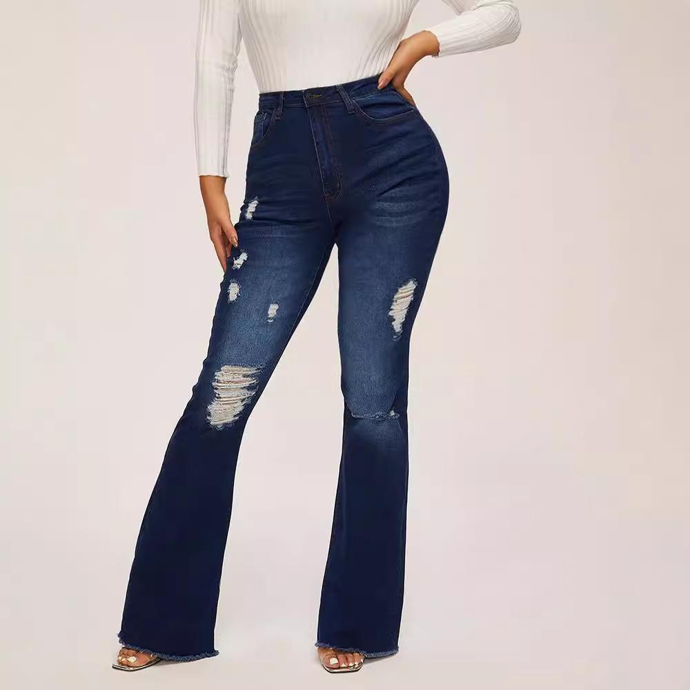 High-pop ripped jeans high-waisted sexy fashion floor-length flared pants