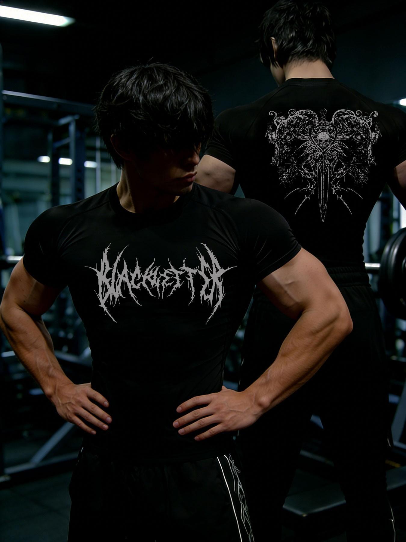 Men's Summer Compression Short Sleeve Y2K Thorns Skull Print Breathable Quick Dry Tight Fit Gym Shirt for Running Training Sports Top