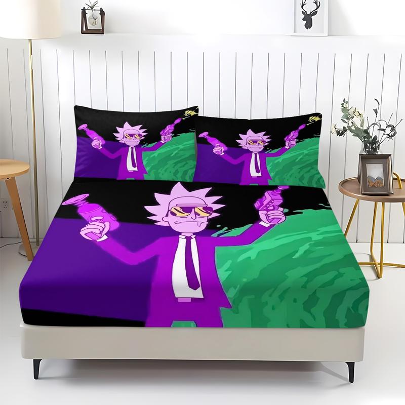 3-Piece Rick and Morty Bedding Set, Comfortable Printed Design, Includes 1 Fitted Sheet & 2 Pillowcases, Non-Slip, Perfect Gift