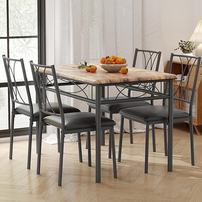 Dining Table Set for 4, Rectangle Compact Dining Table and Chairs Set, Small Kitchen Table Set with 4 Wood Chairs for Apartment