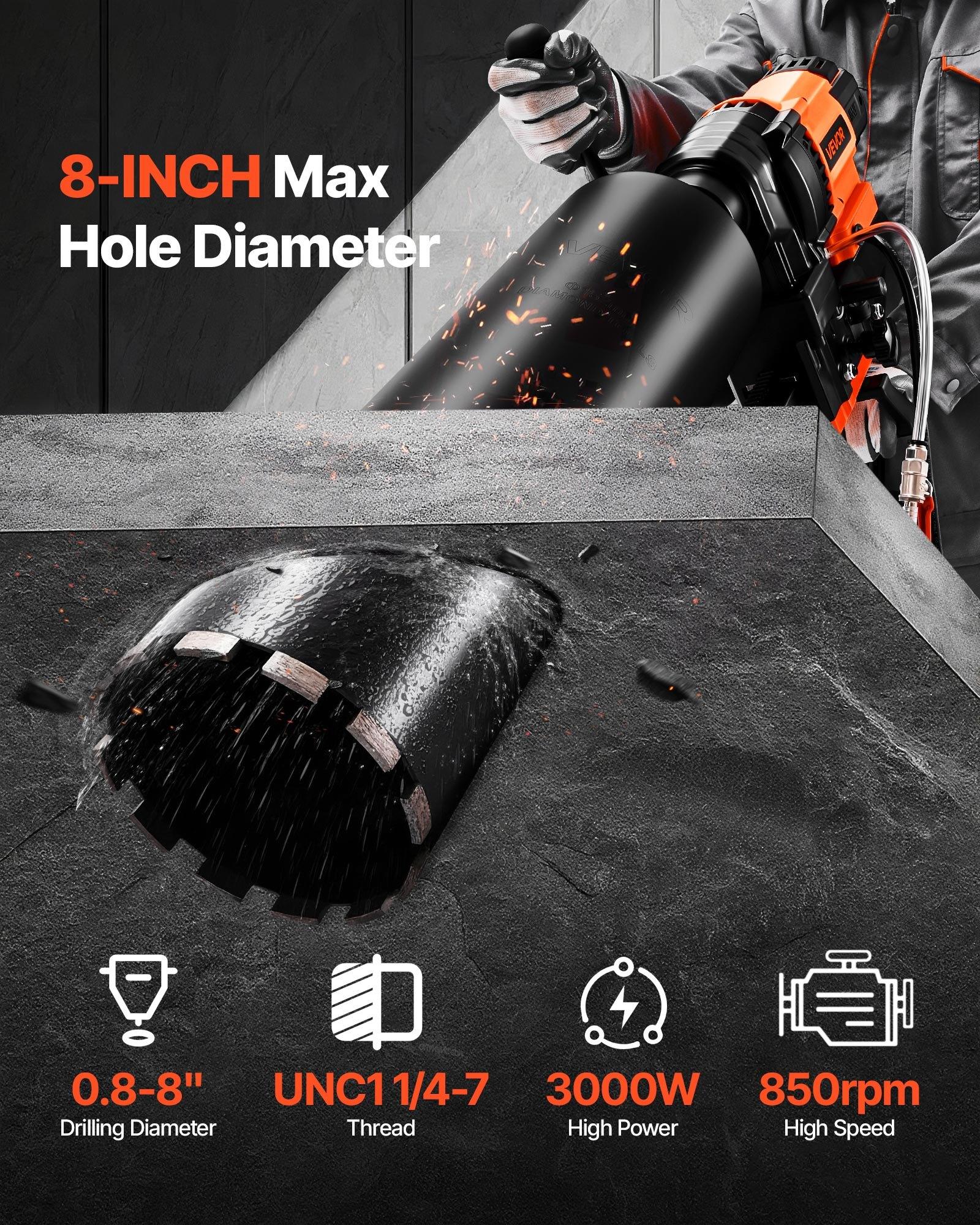 VEVOR Diamond Core Drilling Machine, 0.8-8 in Drilling Diameter, Stand-Mount Dry and Wet Concrete Core Drill Rig with 8 Drill Bits, 800 RPM Speed, UNC1 1/4-7 Thread, for Concrete Brick Stone, 3000W VEVOR Diamond Core Drilling Machine, 0.8-8 in Drilling Diameter, Stand-Mount Dry and Wet Concrete Core Drill Rig with 8 Drill Bits, 800 RPM Speed, UNC1 1/4-7 Thread, for Concrete Brick Stone, 3000W