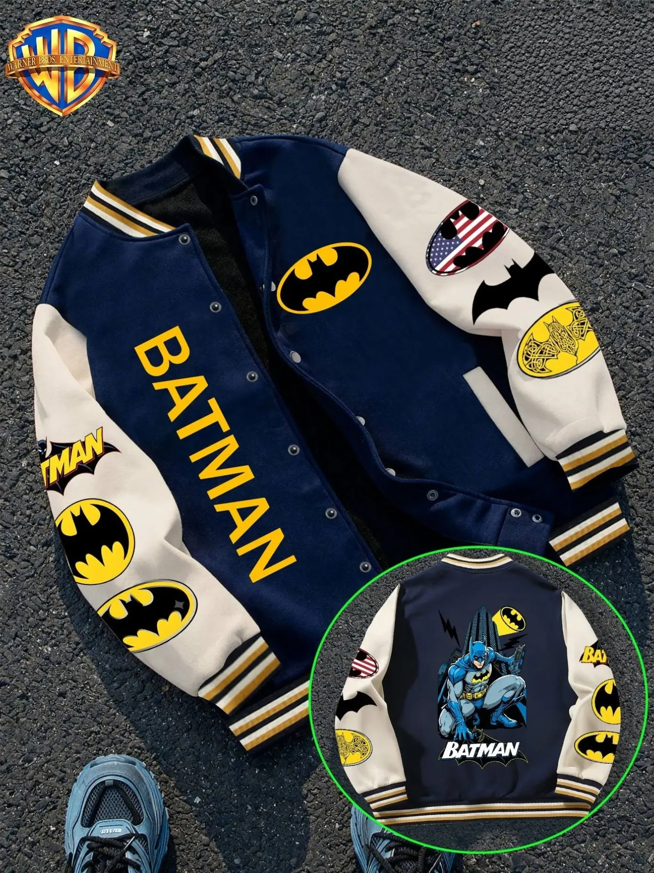 Warner Bros Vintage Batman Baseball Jacket, Dc Superhero Patched College Casual Style, Loose-Fit Cartoon Pattern, Five Color Options