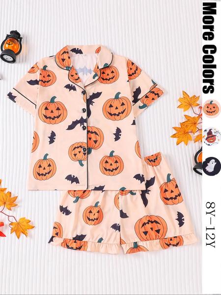 Halloween Children's 2-Piece Pajamas Set, New Halloween Bat Pumpkin Head Ghost Star Cardigan Short Sleeve Shorts,'s Medium and Large Pajamas for Party, Daily Wear, Vacation Home Clothes 2-Piece Pajamas Set