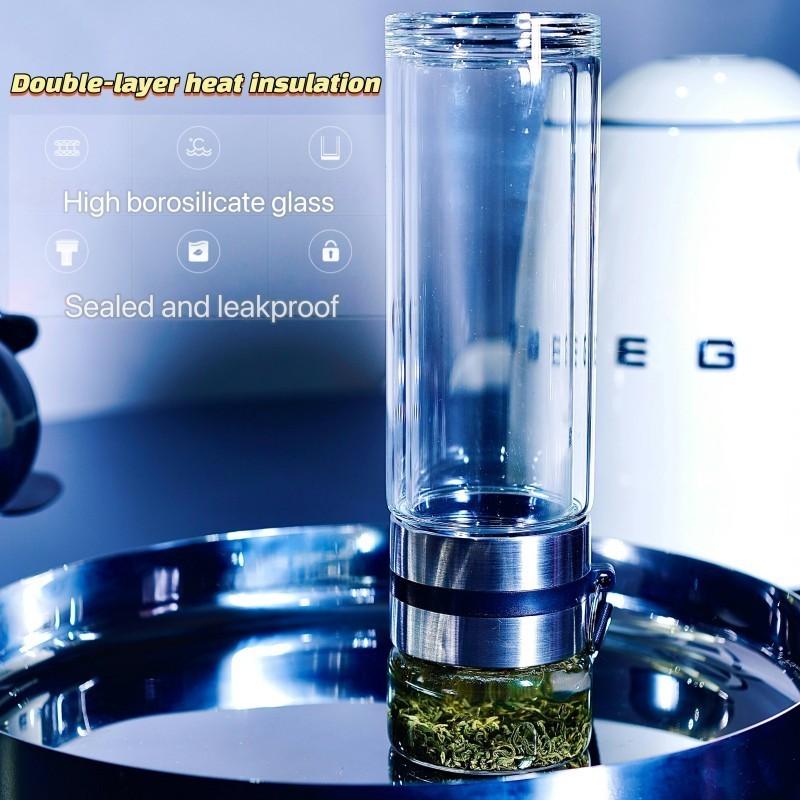 Leak-Proof Dual-Layer Glass Tea Coffee Separator Cup, Reusable Mug, Tumbler with Lid, Portable Round Design, Suitable for Hot and Cold Drinks, Dishwasher Safe