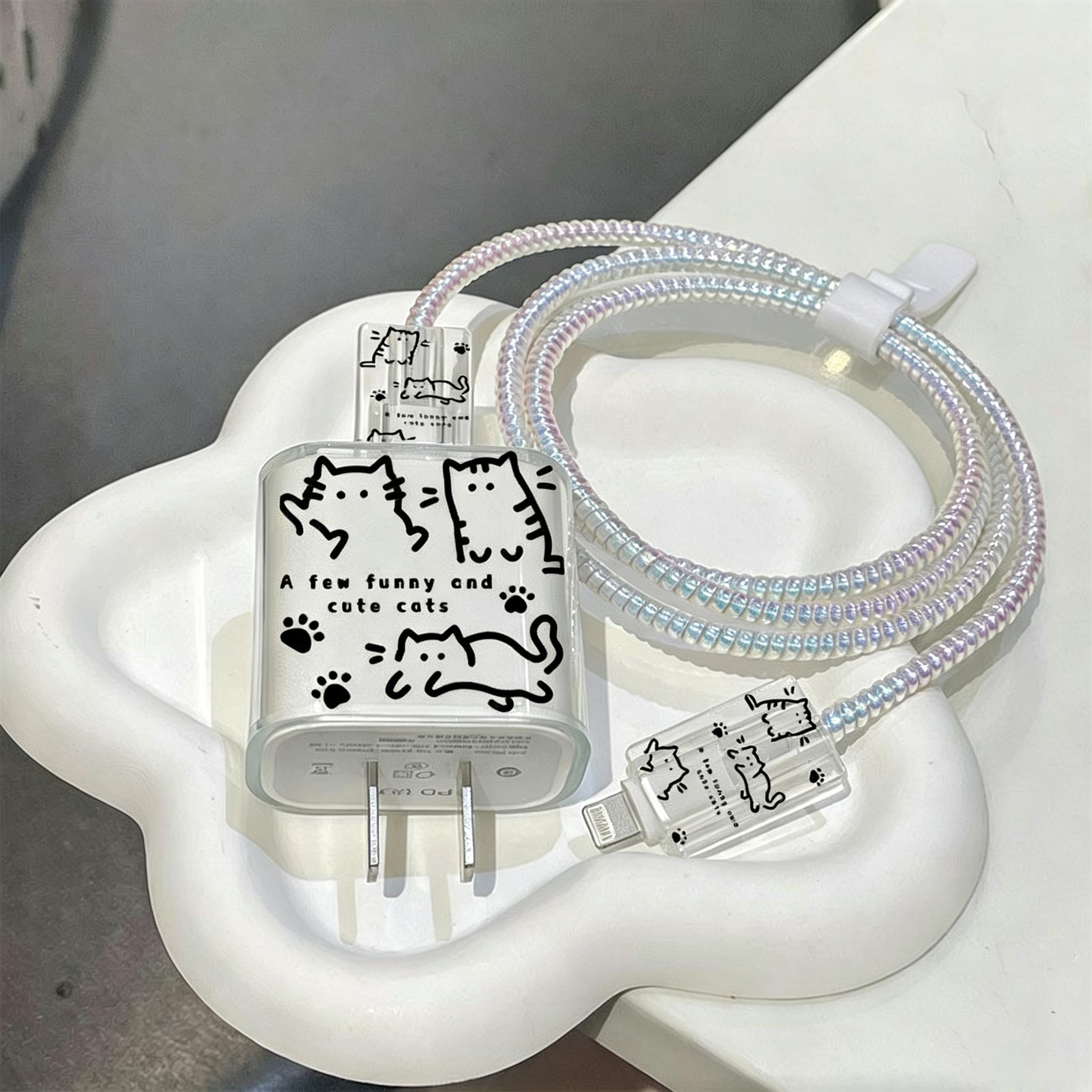Cute Cat Charger Protection Set, Transparent Case with Paw Print Design, Spiral Cable Protector, iPhone 18w 20w PD Charging Accessories