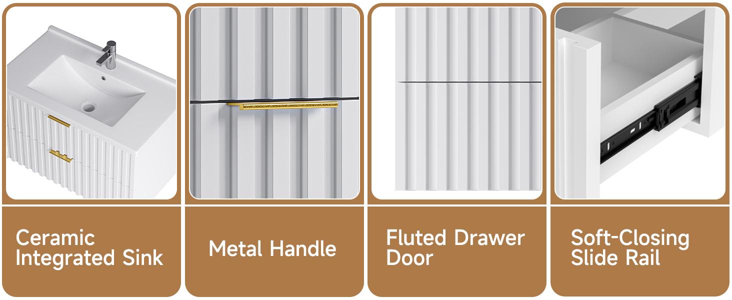 【Valentine's Day Gift】ONBRILL 36 Inch Bathroom Vanity with Sink Combo, Floating Bathroom Vanity with 2 Fluted Drawers & Metal Handle, Modern Wall Mount Storage Cabinet with Ceramic Integrated Sink for Small Space