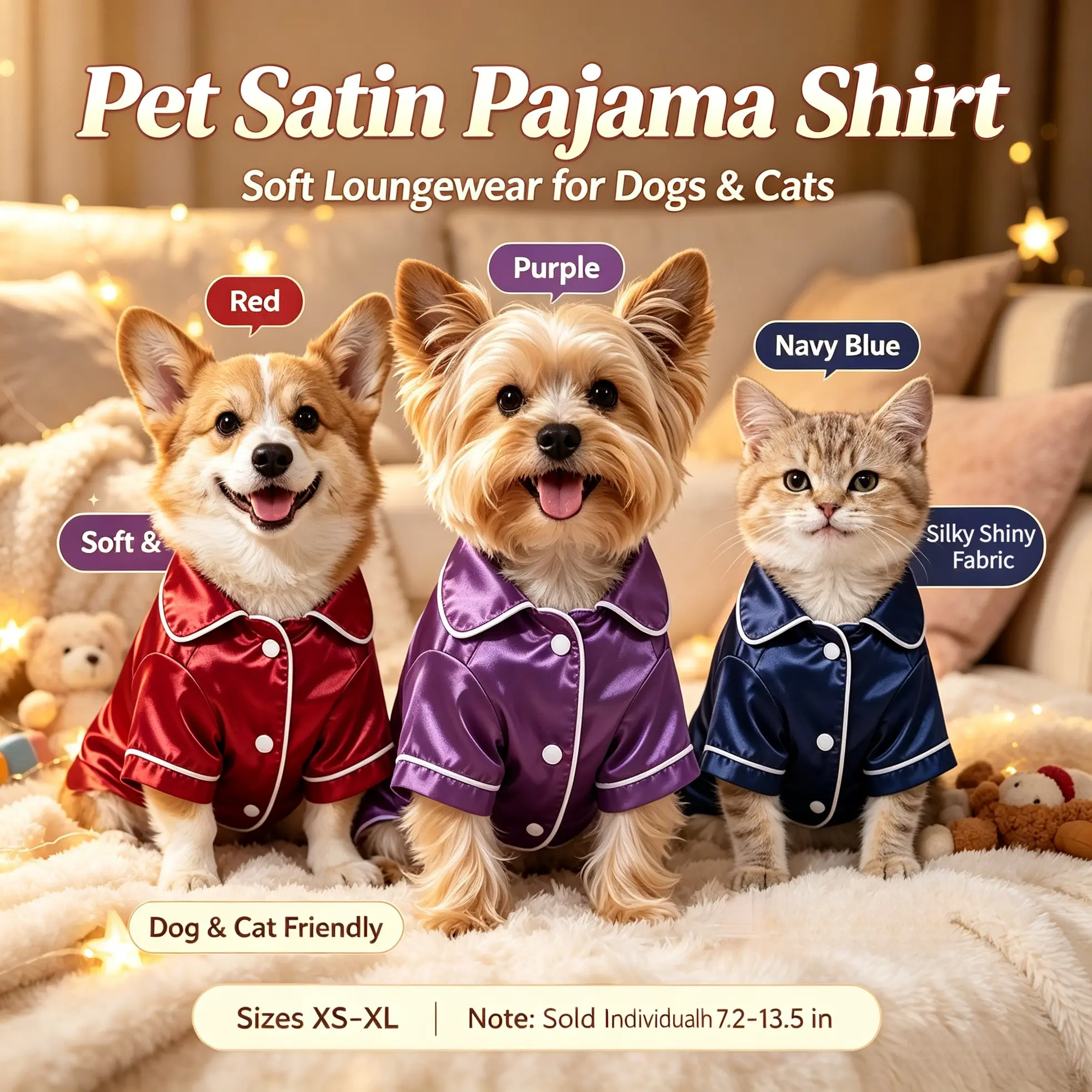 Luxury Smooth Satin Pet Loungewear Pajamas, Casual Sleep Shirts for Puppies, Kittens, Small & Medium Dogs Cats, Hair & Stain Resistant Indoor Clothes, Back Length 7.2-13.5 Inches, Sizes XS-XL, 3 Colors Red/Purple/Navy Blue Available, Sold Individually
