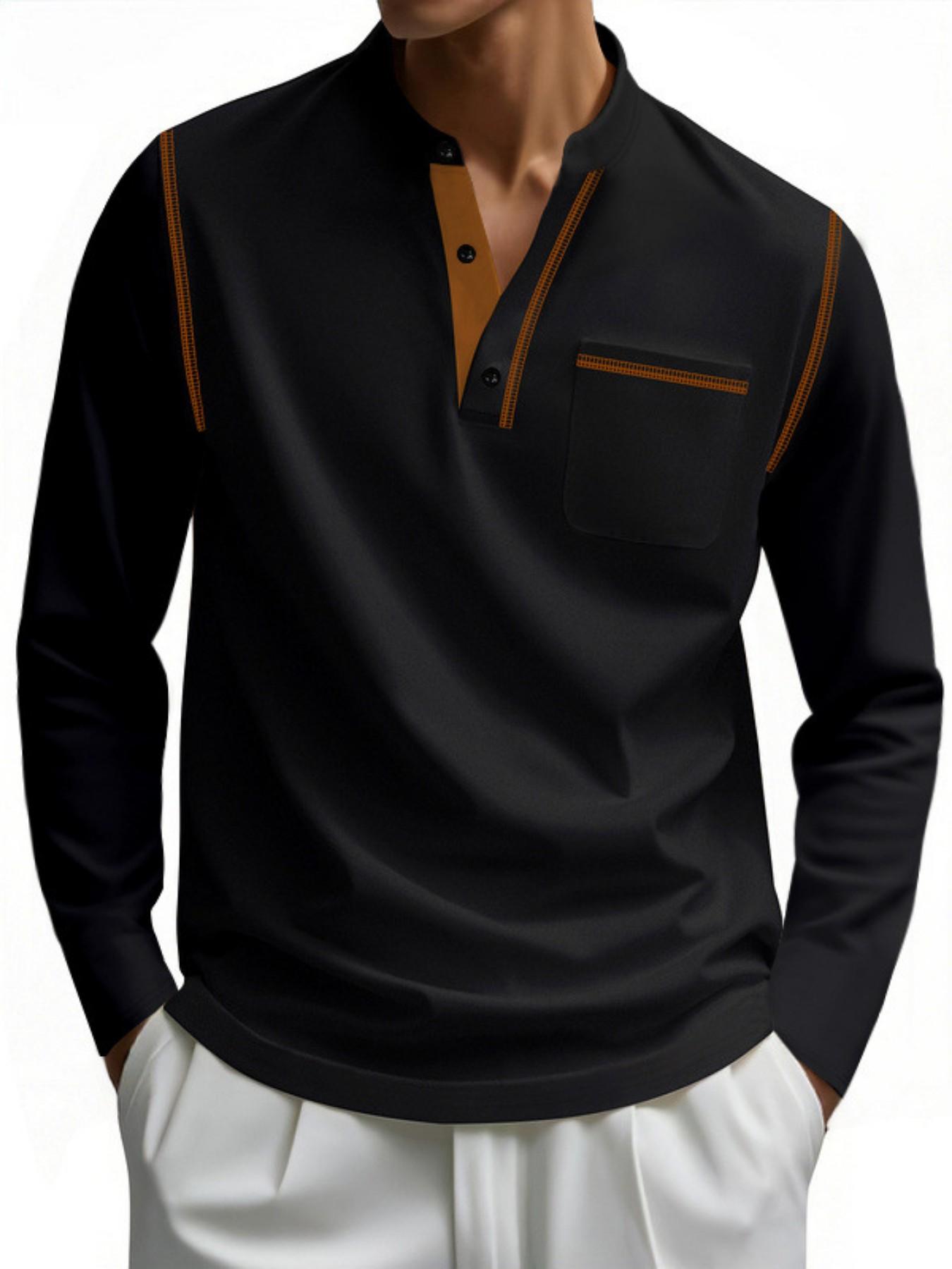 Men's Henry Long Sleeve Shirt, Button Neck Casual T-Shirt, Pocketed Daily Wear Fashion Top, Essential Stylish Clothing
