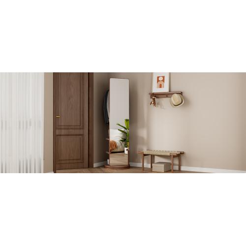 360° Rotating Solid Wood Full Body Mirror – 66"x14" Freestanding Mirror with Hooks & Multi-Layer Storage, Coat Rack Organizer for Bedroom, Living Room, or Cloakroom, Walnut