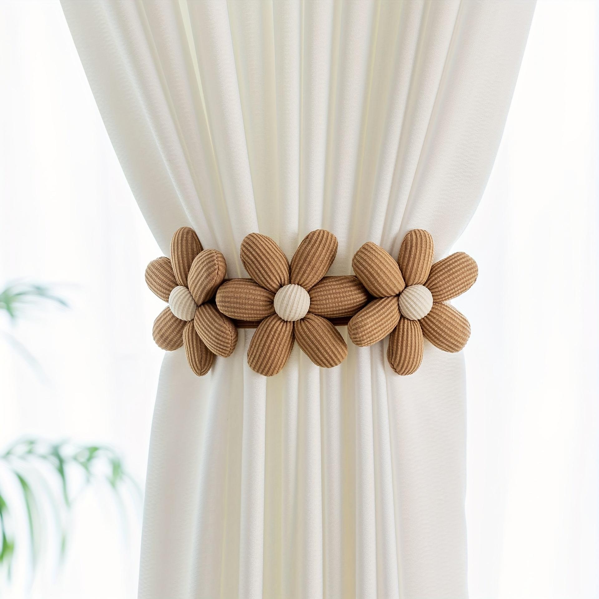 Boho Elastic Curtain Tiebacks with Daisy Floral, Ivory Cream Curtain Holdbacks with Invisible Buckle, Easy Install Decorative Home Accessories for Bedroom Living Room