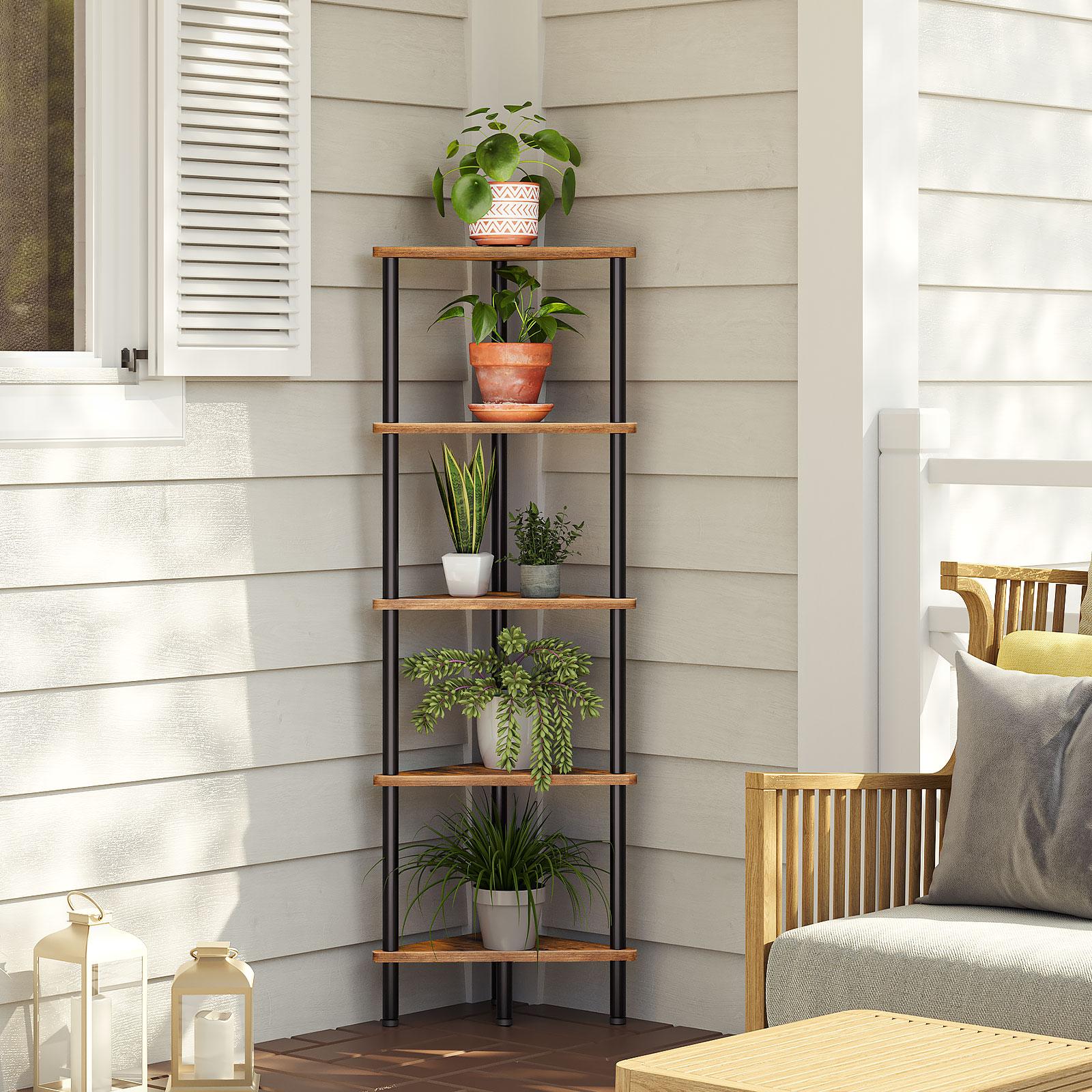 HOOBRO Corner Shelf Stand, Industrial 5-Tier Corner Bookshelf with Metal Frame, Plant Display Shelf, Corner Bookcase for Small Spaces, Rustic Brown#springtok