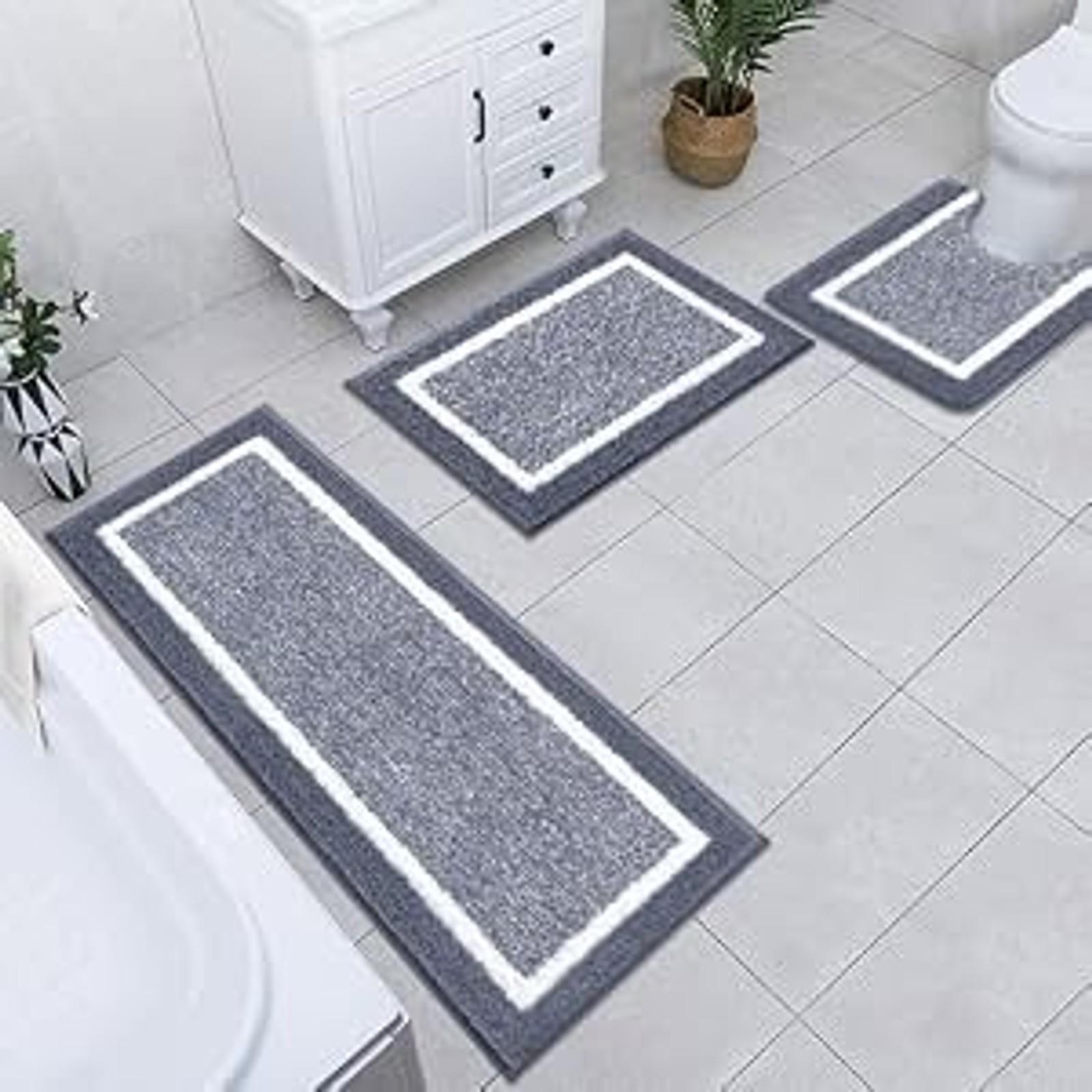 3 Piece Non Slip Washable Bathroom Rugs Set, Plush Absorbent Microfiber Bath Mat Shower Rug Runner, Quick Dry Super Soft U Shaped Toilet Mat Floor Carpet, Dark Grey