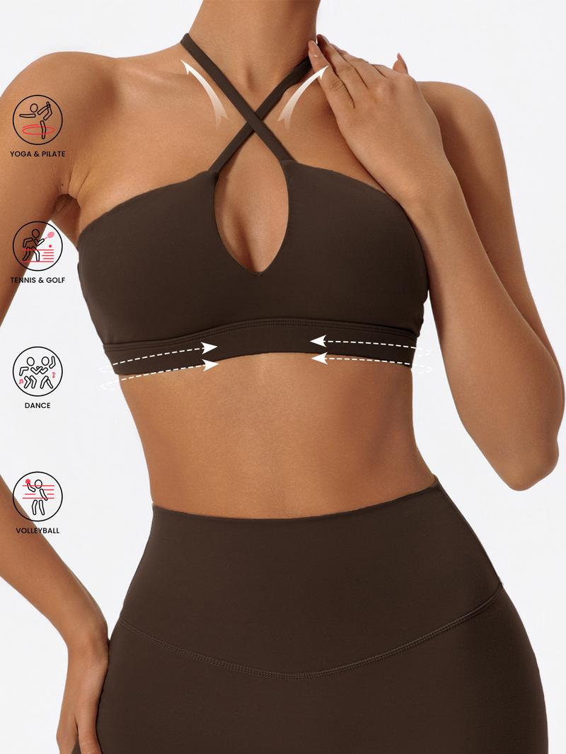 Women's Solid Color Criss Cross Athletic Fitted Sports Bra, High Stretch Breathable Comfortable Quick Drying Adjustable Spaghetti Strap Backless Wireless Sports Bra, Ladies Sportswear for Indoor Outdoor Wear